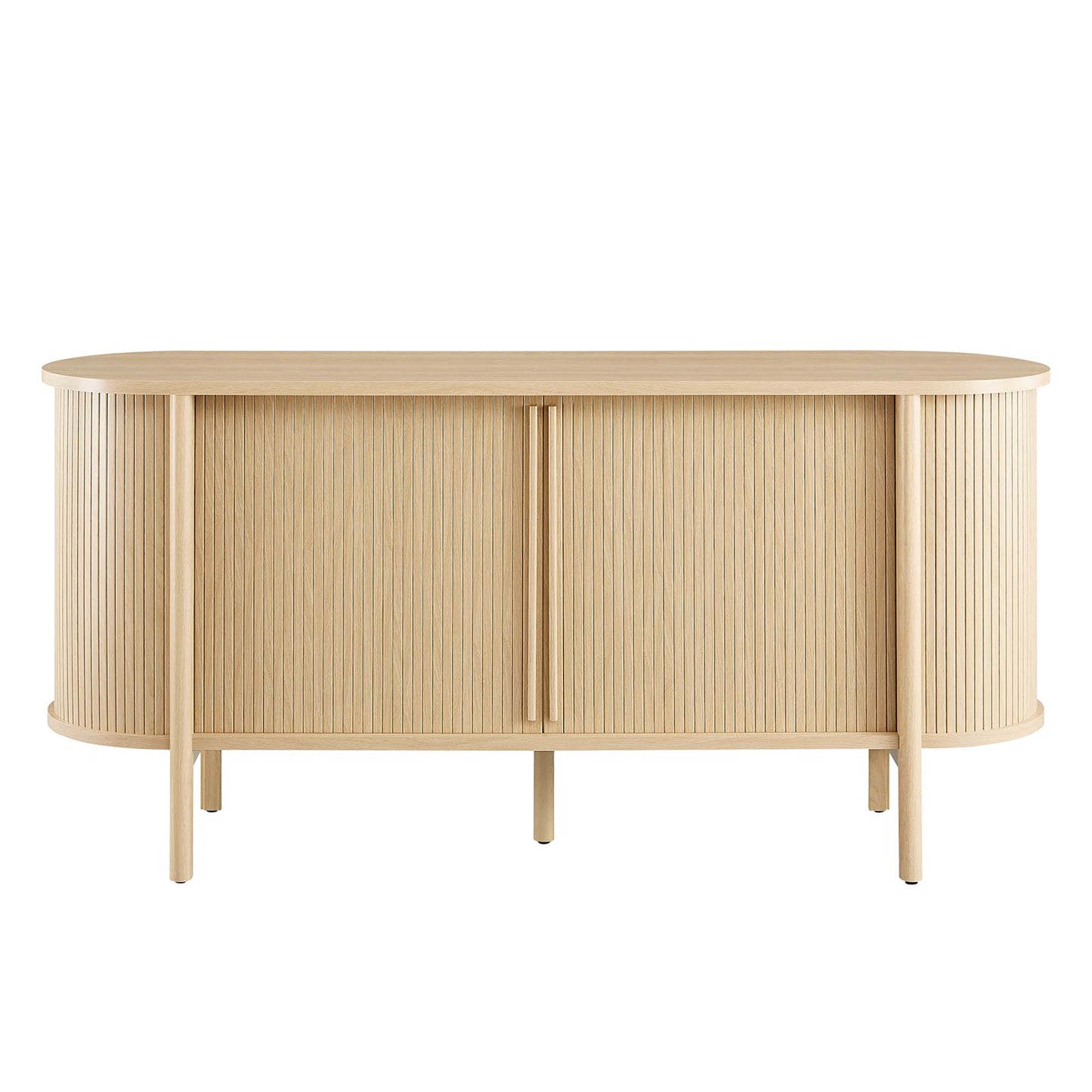 Oak-finish sideboard with rounded ends and vertical slat doors, central vertical handle, on slim legs.