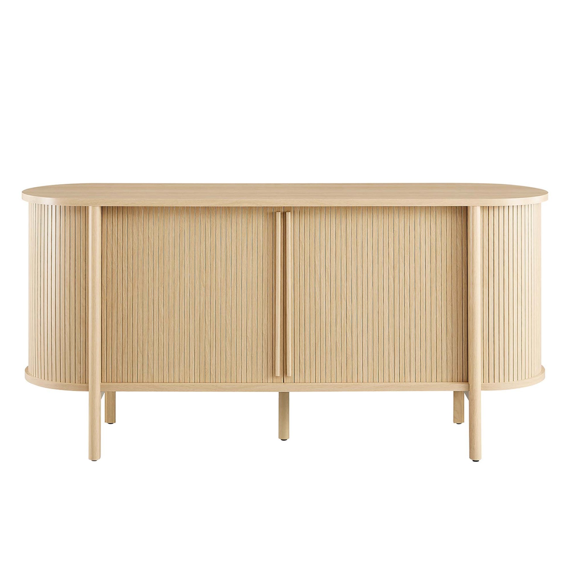 Oak-finish sideboard with rounded ends and vertical slat doors, central vertical handle, on slim legs.