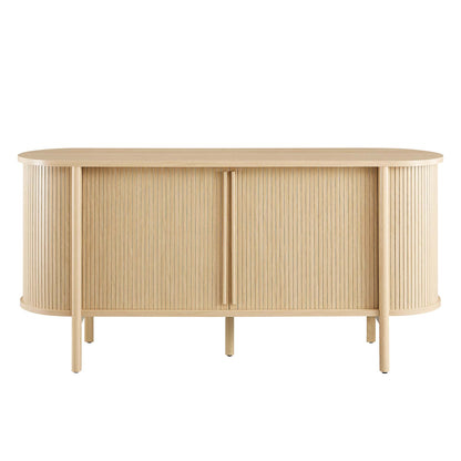 Oak-finish sideboard with rounded ends and vertical slat doors, central vertical handle, on slim legs.