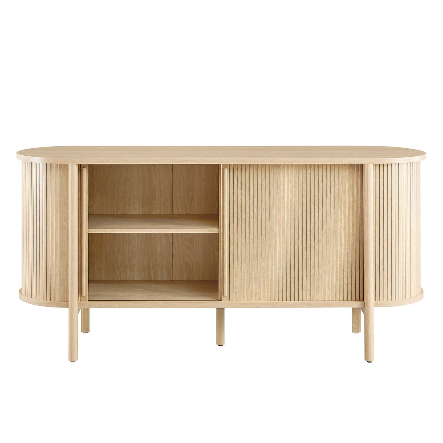 Oak-finish sideboard with rounded ends, ribbed panels, left open shelves, right vertical-slatted door, slim mid-century legs.