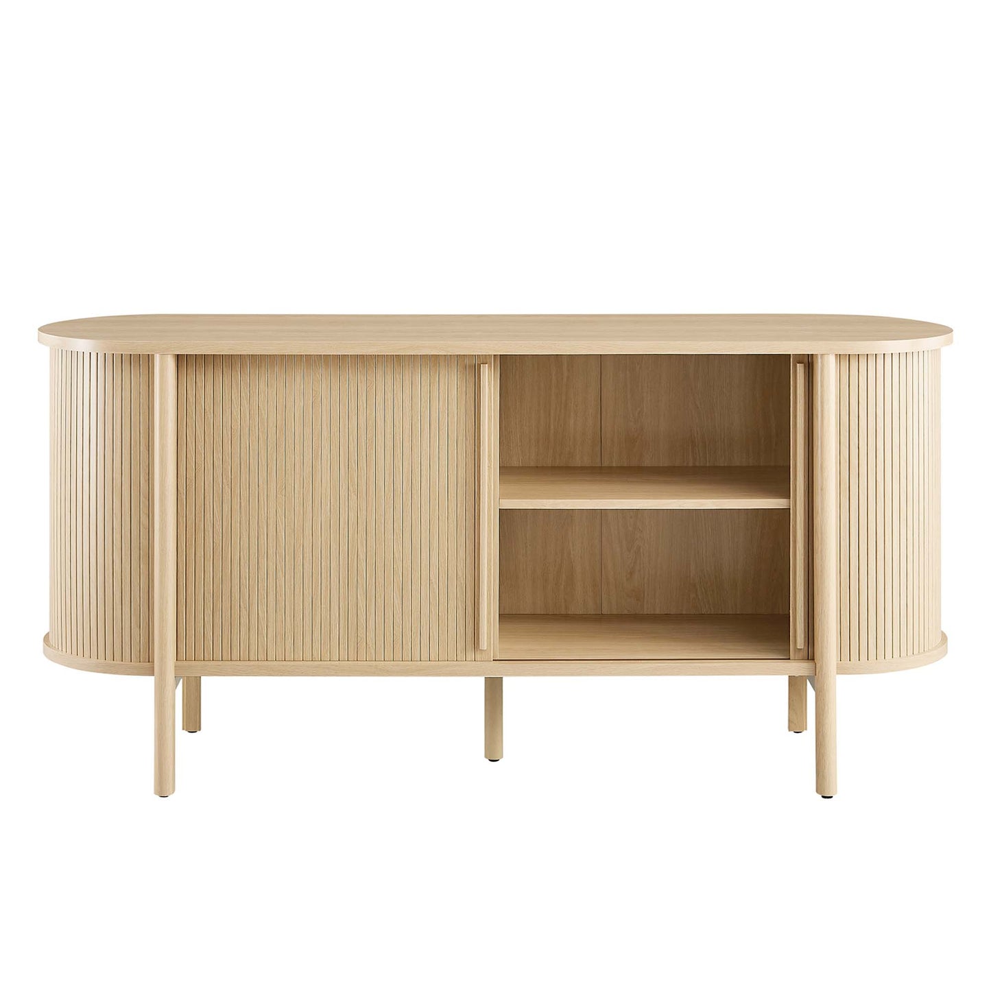 Oak veneer sideboard with rounded ends, vertical slat doors and open middle shelving.