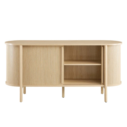 Oak veneer sideboard with rounded ends, vertical slat doors and open middle shelving.