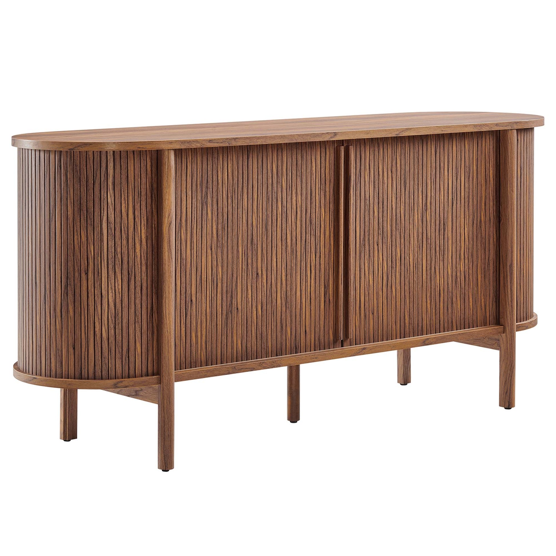 Walnut veneer mid-century curved sideboard with ribbed front and sliding panel doors on slender legs.