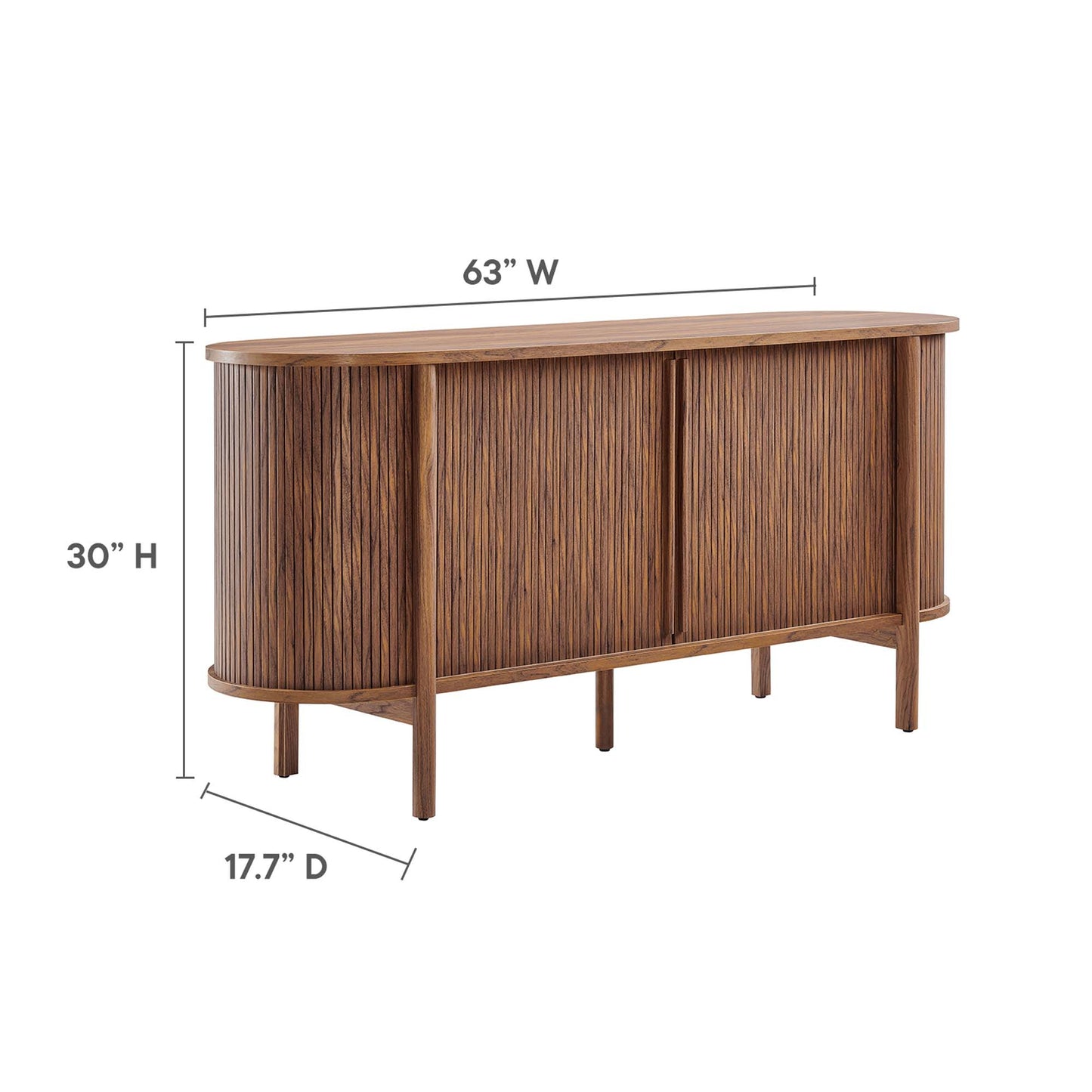 Walnut finish curved sideboard with tambour doors, 63W x 30H x 17.7D, mid-century modern style.