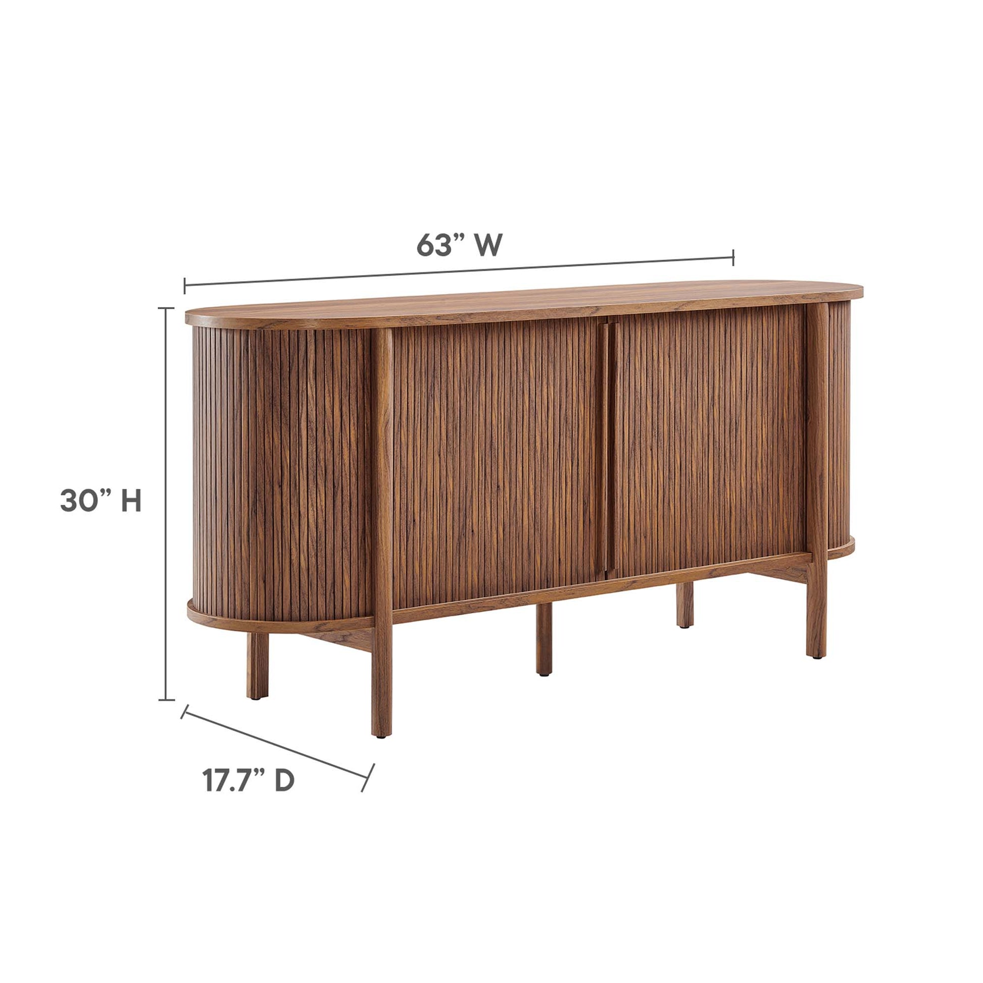 Walnut finish curved sideboard with tambour doors, 63W x 30H x 17.7D, mid-century modern style.