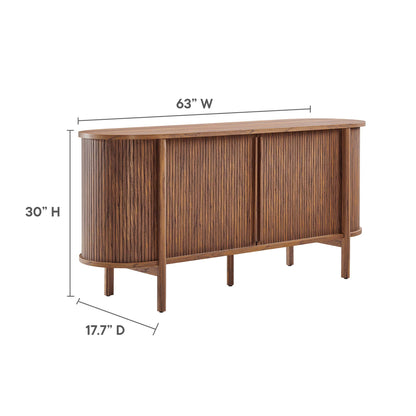 Walnut finish curved sideboard with tambour doors, 63W x 30H x 17.7D, mid-century modern style.