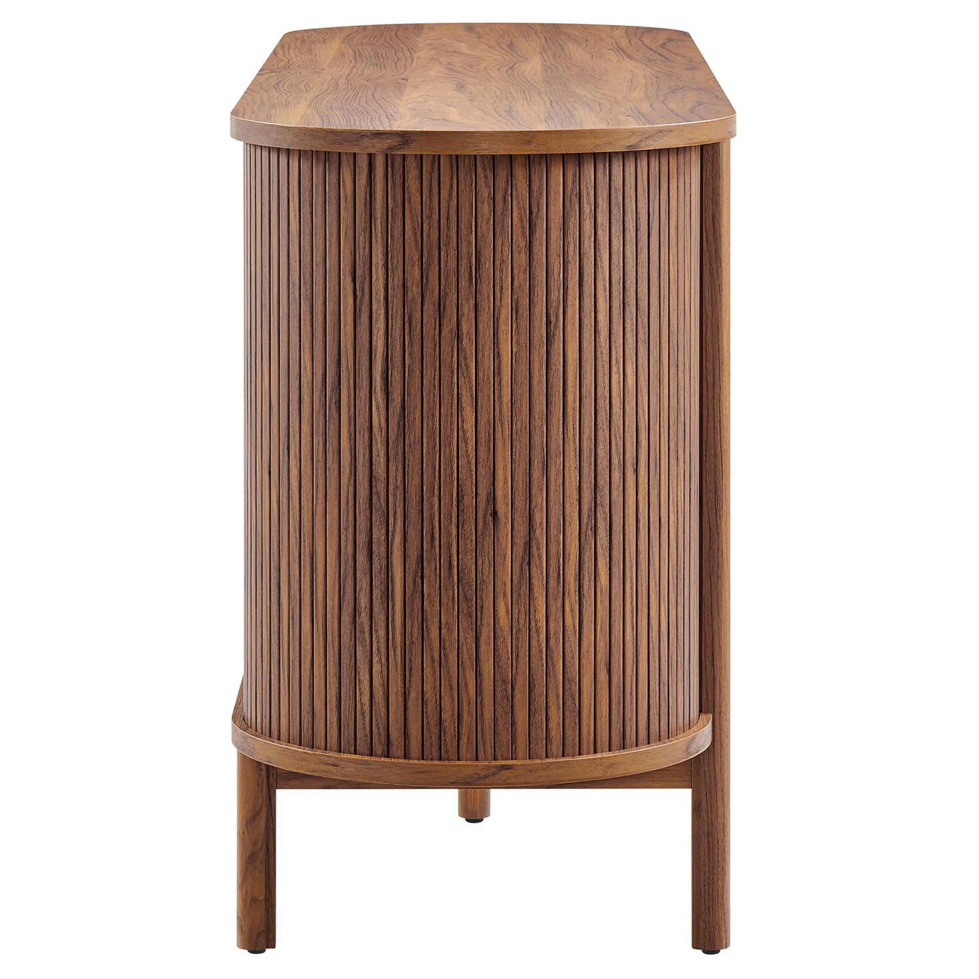 Walnut-finish curved sideboard with vertical tambour slats, rounded top and raised legs.