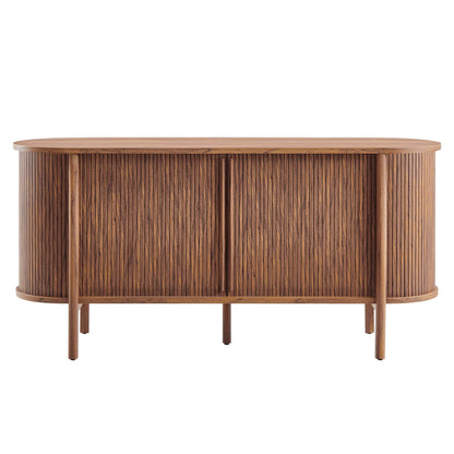 Walnut wood curved mid-century modern sideboard with rounded ends, vertical ribbed doors, on slender tapered legs.