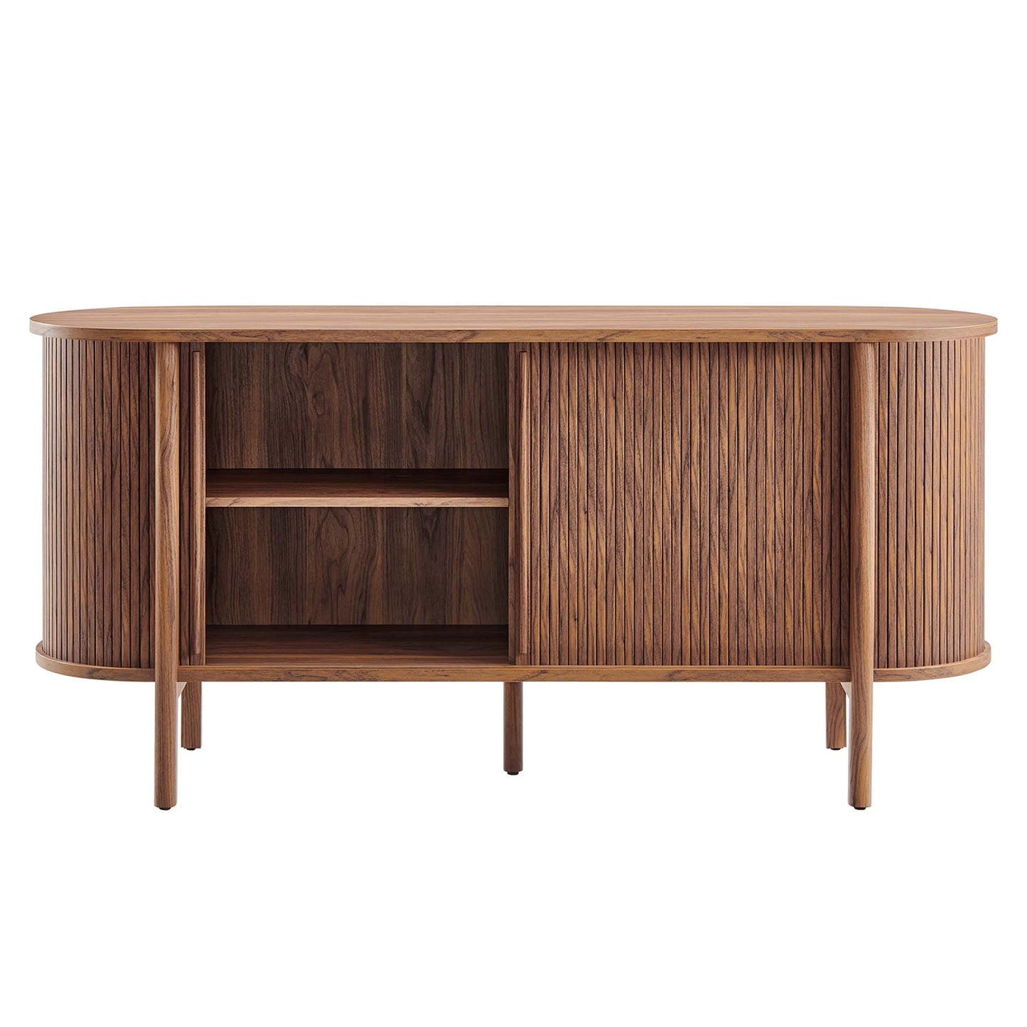 Walnut mid-century modern sideboard with curved ends, open central shelves and enclosed storage