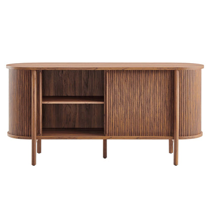 Walnut mid-century modern sideboard with curved ends, open central shelves and enclosed storage