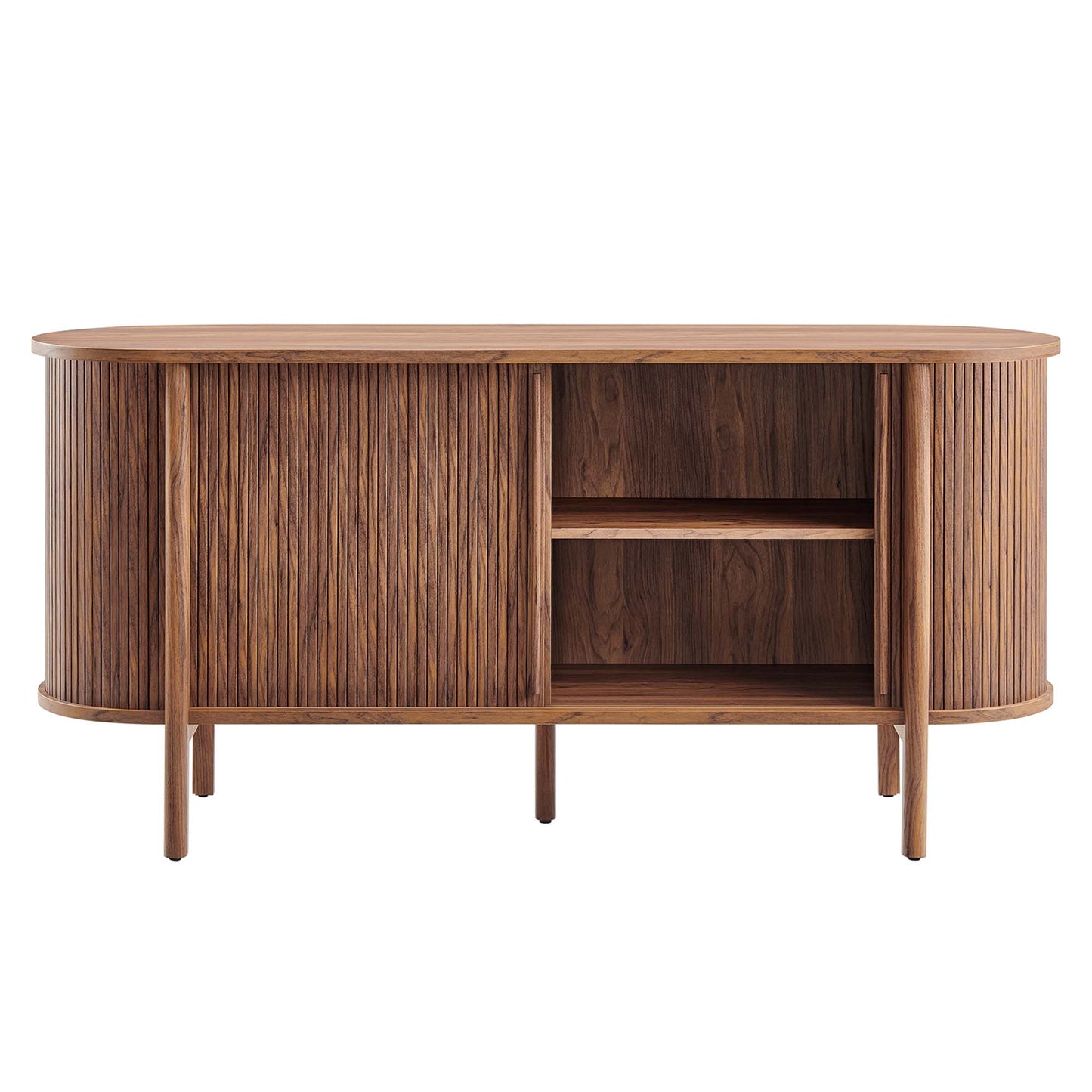 Walnut mid-century curved-end sideboard with vertical slat doors and a central open shelf.