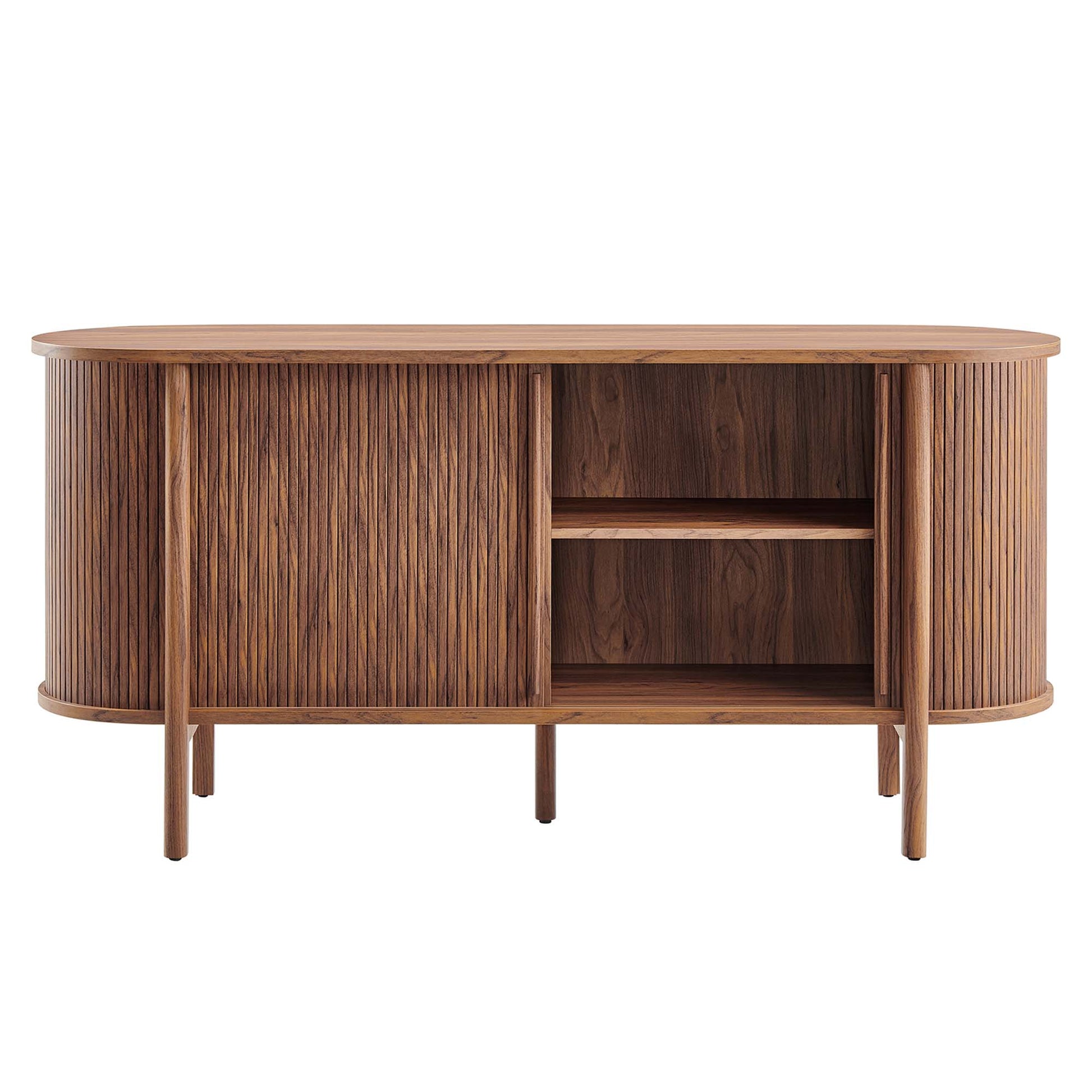 Walnut mid-century curved-end sideboard with vertical slat doors and a central open shelf.