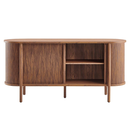 Walnut mid-century curved-end sideboard with vertical slat doors and a central open shelf.