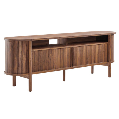 Walnut wood mid-century curved TV stand with rounded ends, open shelf, and sliding panel doors.