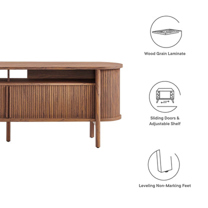Walnut wood grain laminate TV stand with curved ends, slatted front panel, open top shelf, adjustable shelf, and leveling feet.