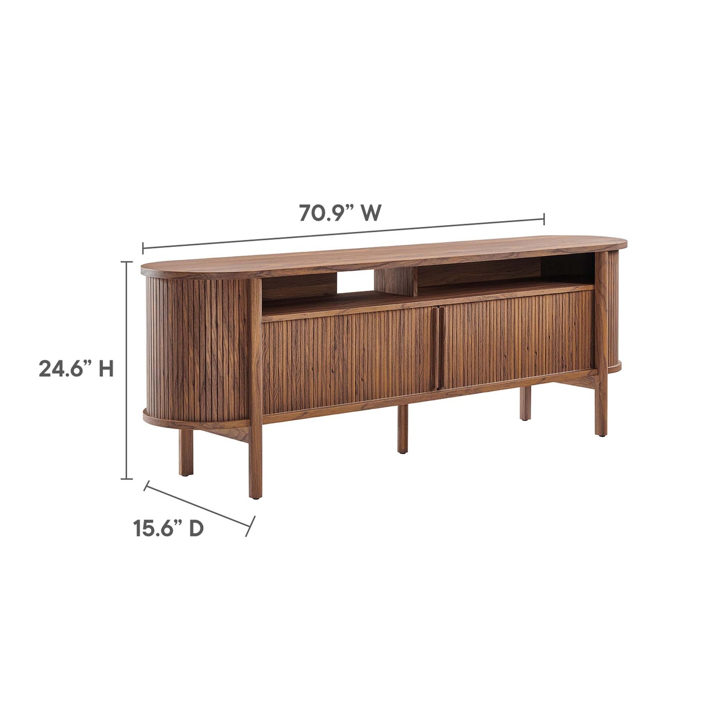 Walnut-finish 71-inch curved TV stand with long top surface, open middle shelf and tapered legs.