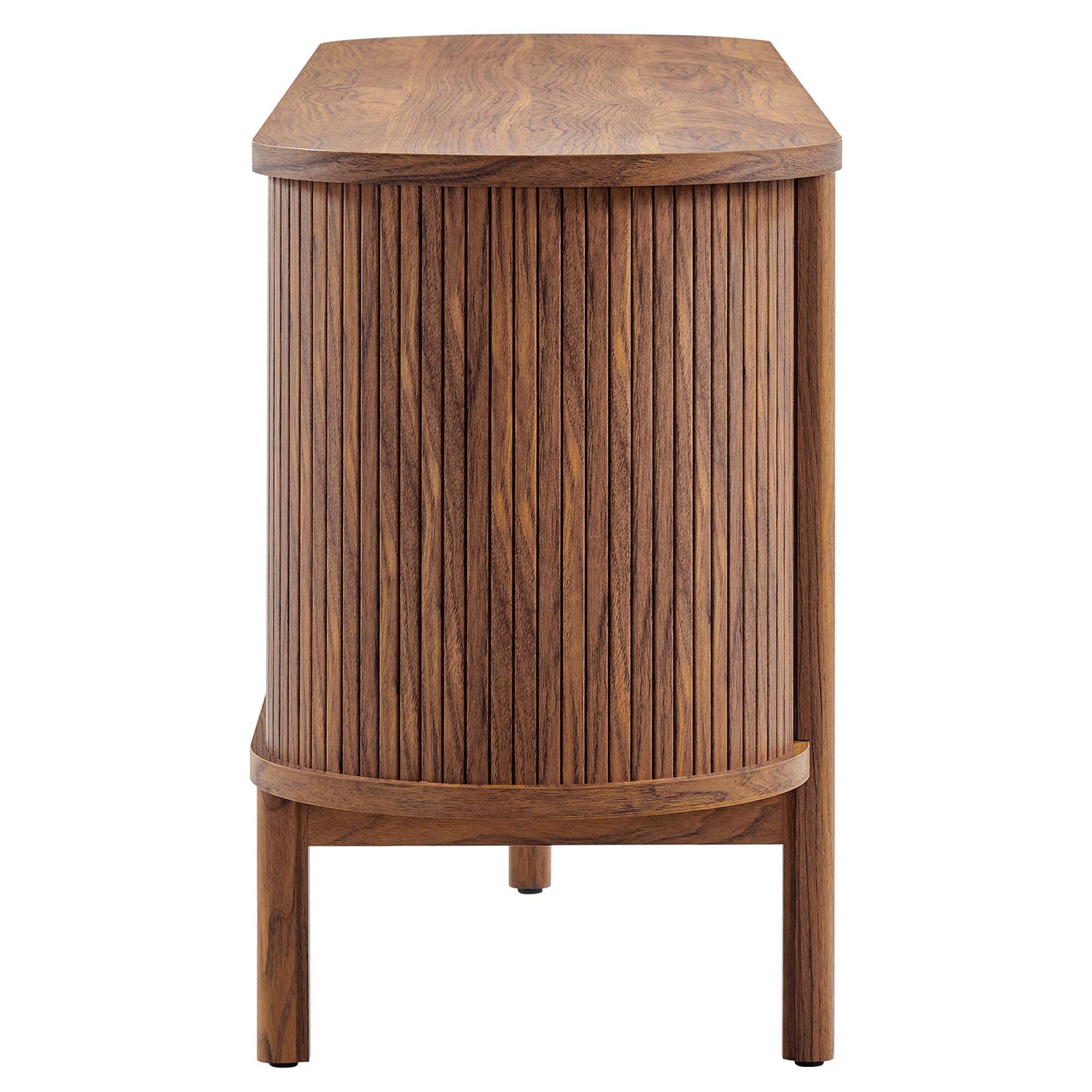 Walnut wood curved TV stand with vertical slats, curved front, rounded top, raised legs.