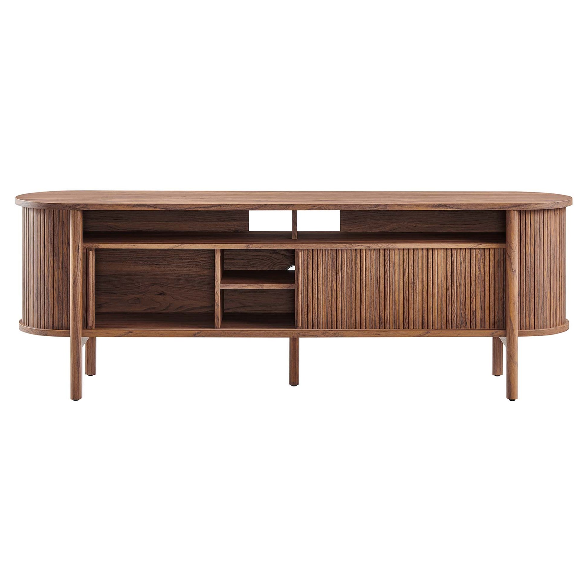 Walnut curved TV stand with mid-century design, open center shelf, left cubbies, and right slatted cabinet.