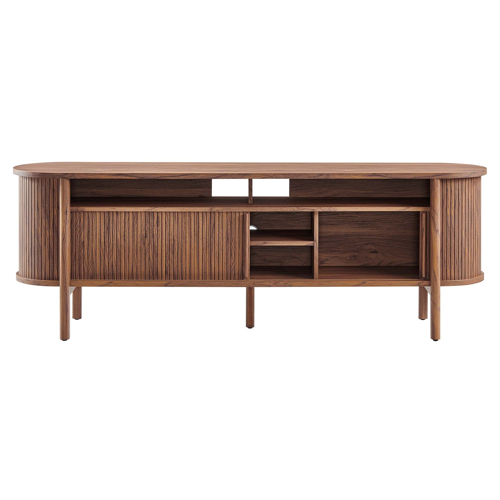 Walnut-finish curved TV stand with rounded ends, vertical slat panels, left cabinet, central open shelf, and right cubby.