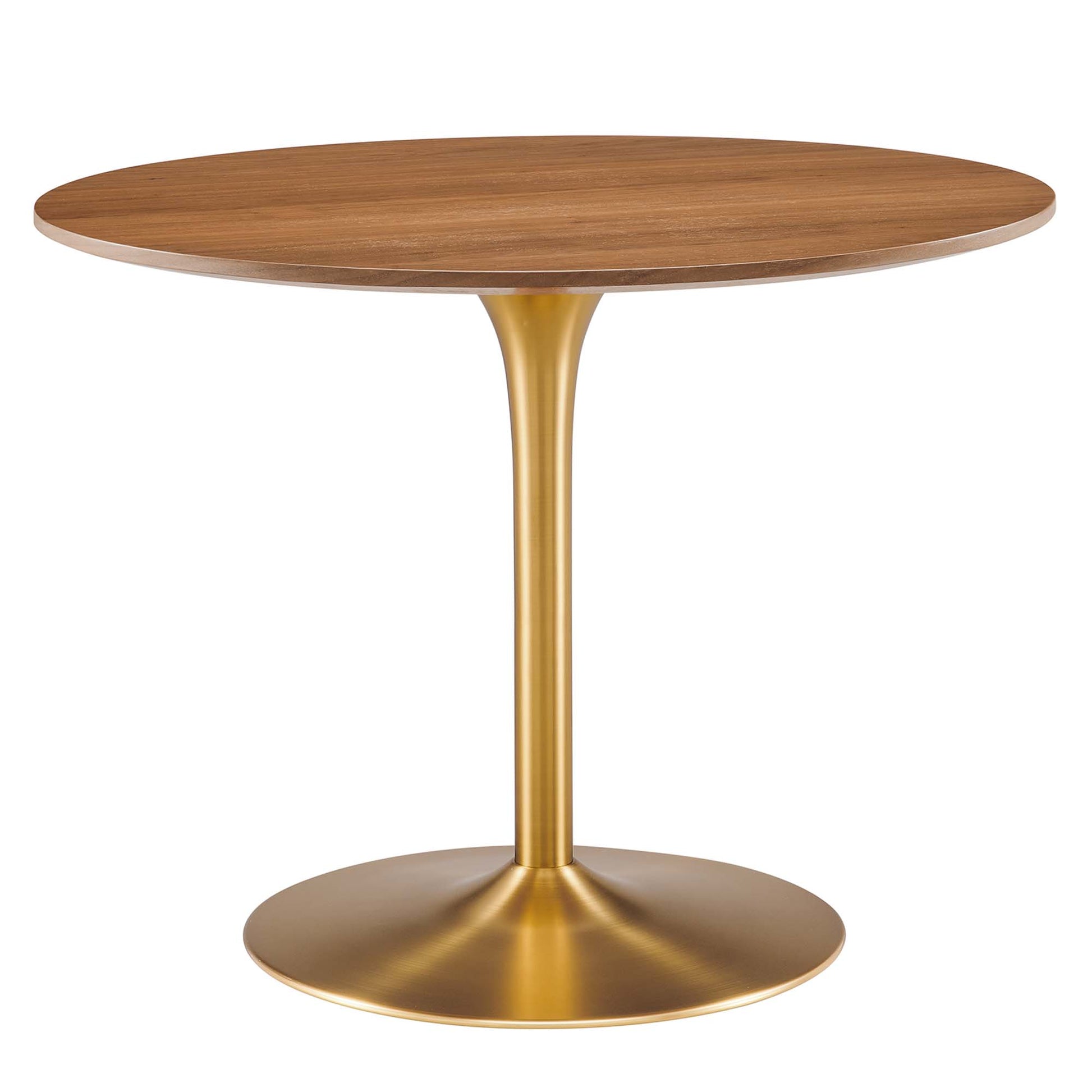 Walnut round tabletop on a gold trumpet pedestal with round base.