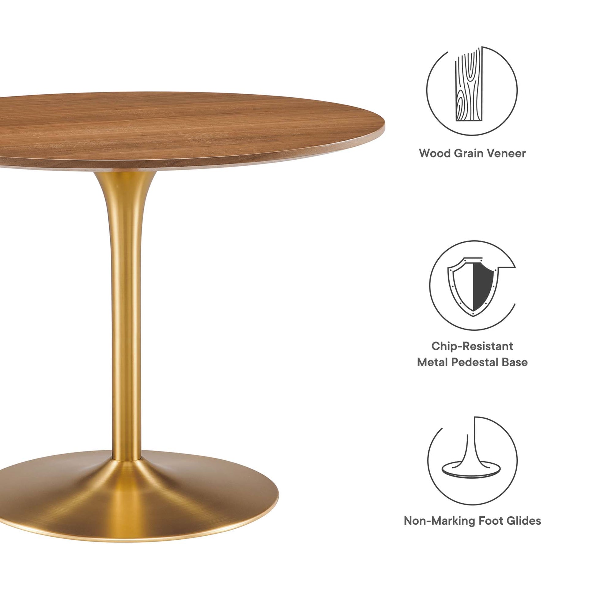Round walnut wood grain veneer top on a gold metal pedestal base; modern dining table with non-marking foot glides.