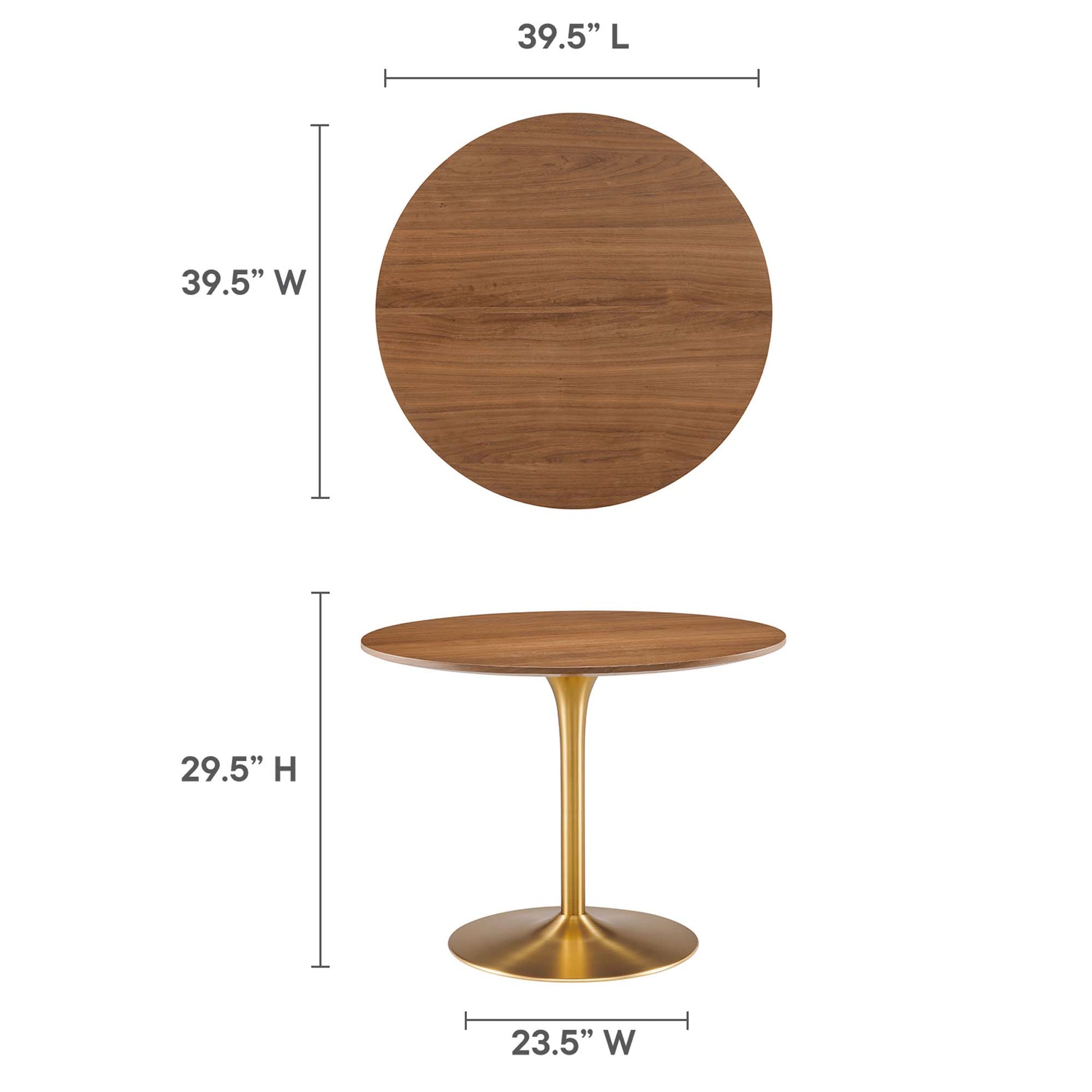 Round walnut veneer dining table on a gold metal pedestal base; 39.5" diameter, 29.5" tall, 23.5" base width.