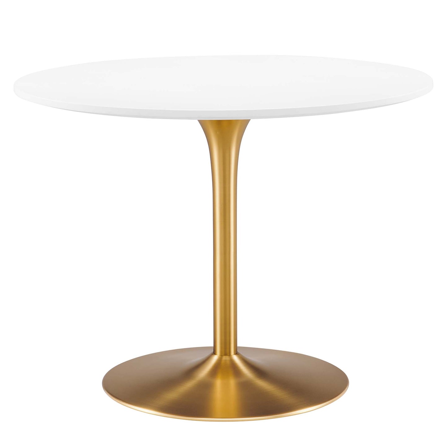 White round-top dining table with a gold metallic pedestal base, mid-century modern style.