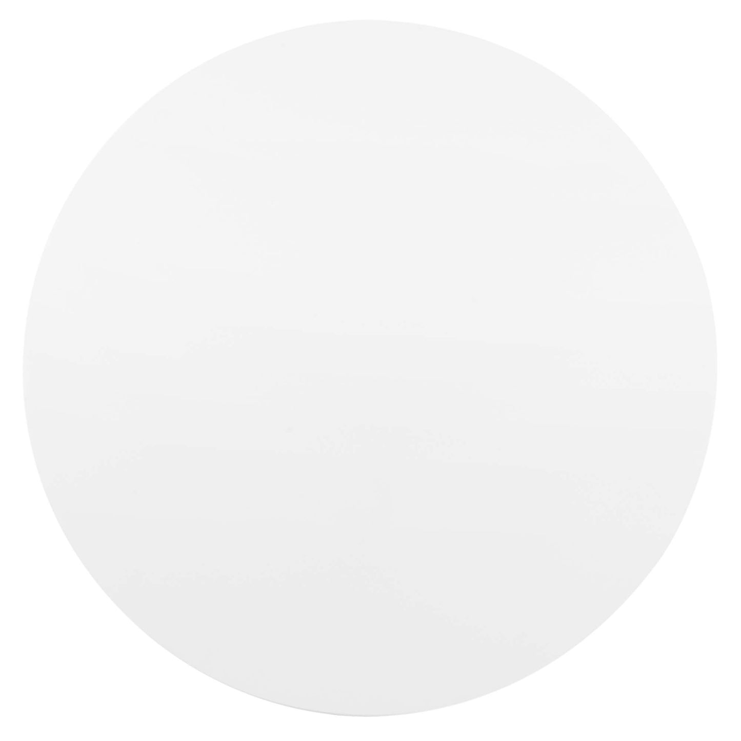 Circular pale white dining table with a smooth glossy finish; minimalist design.