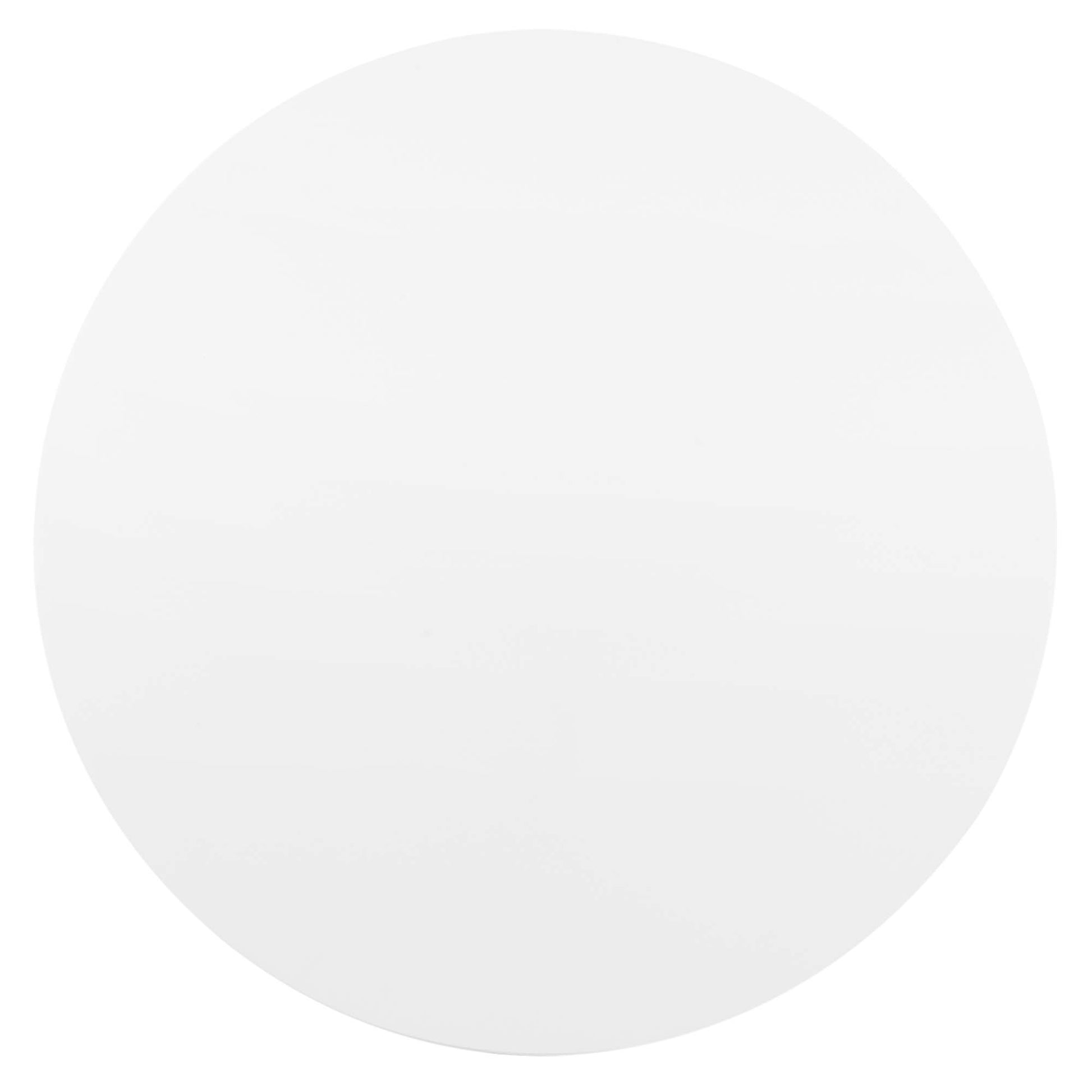 Circular pale white dining table with a smooth glossy finish; minimalist design.