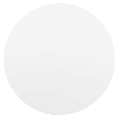 Circular pale white dining table with a smooth glossy finish; minimalist design.