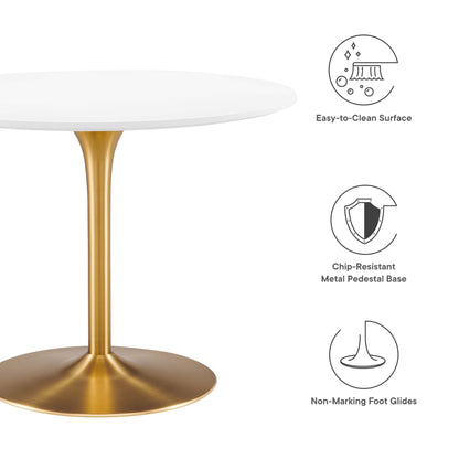 Round white tabletop on a gold metal pedestal base; easy-clean surface, chip-resistant base, non-marking foot glides.