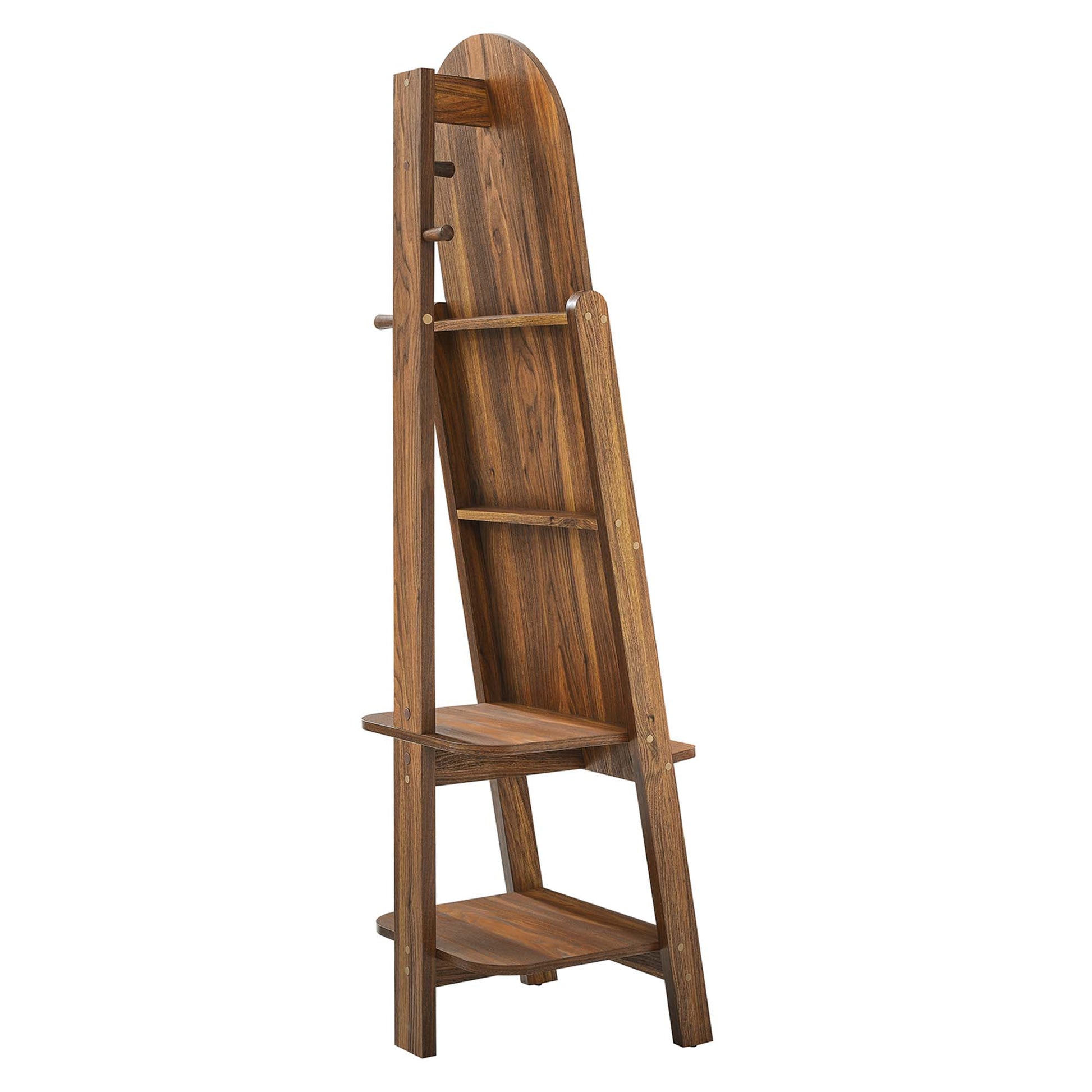 Walnut-finished standing mirror with a wooden frame.