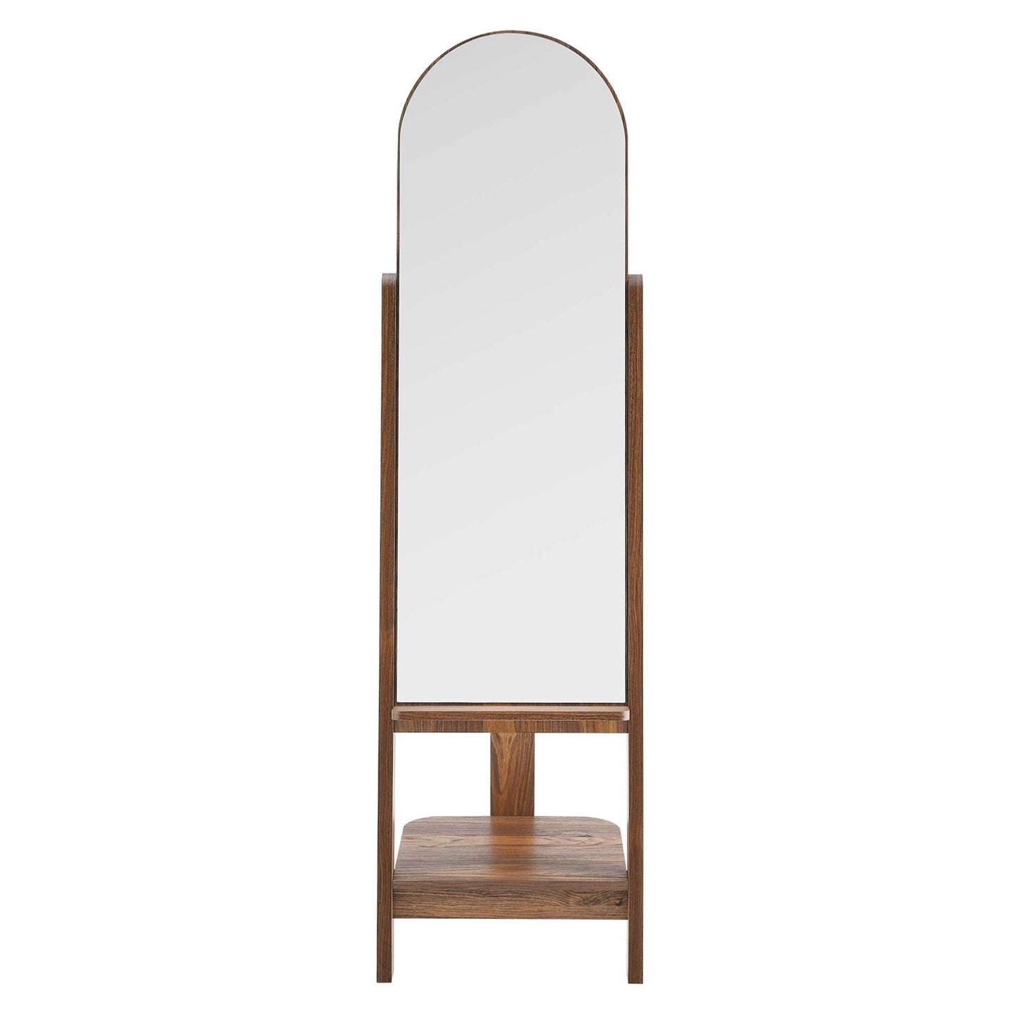 Walnut wooden full-length mirror with arched top on a tall frame and a lower storage shelf.