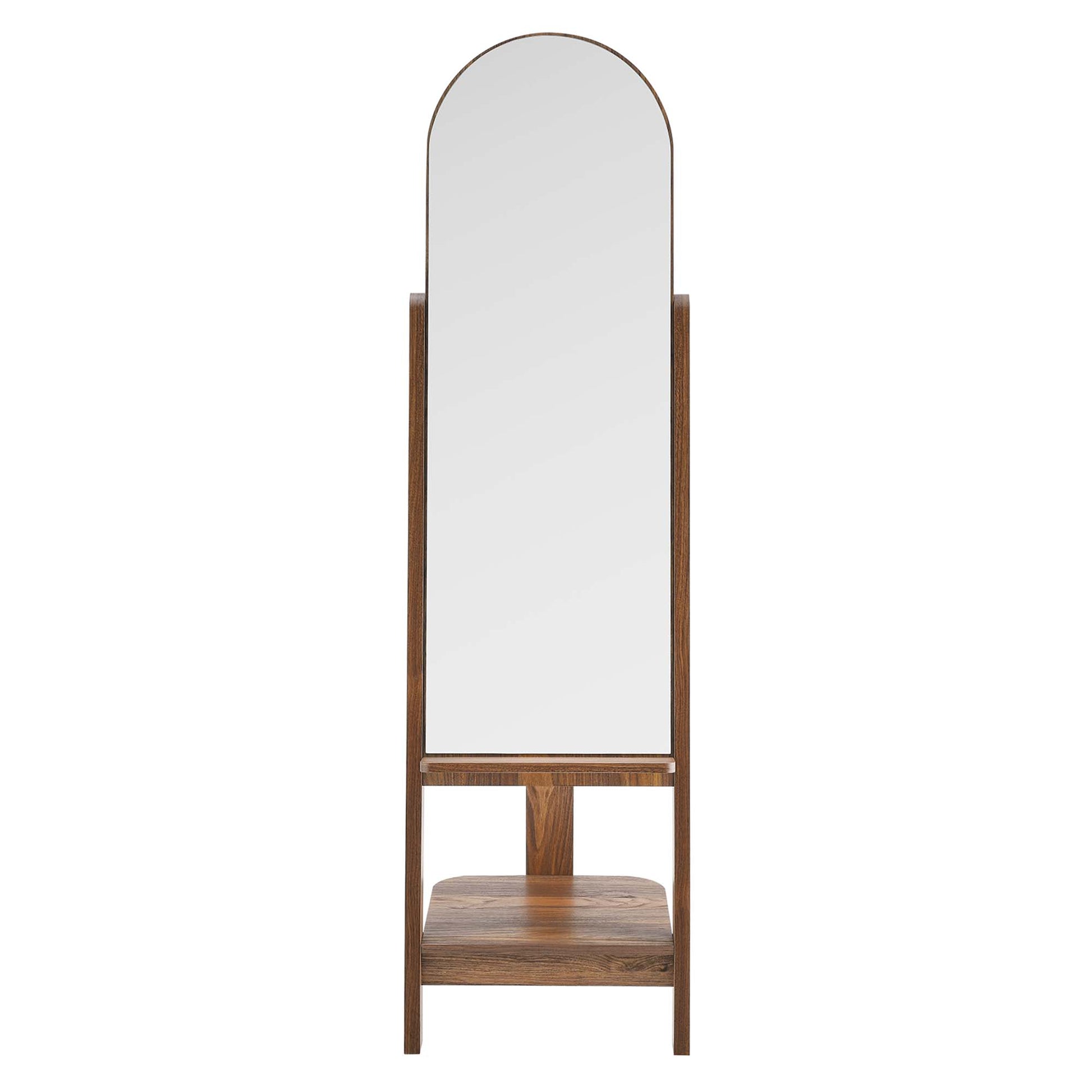 Walnut wooden full-length mirror with arched top on a tall frame and a lower storage shelf.