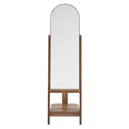 Walnut wooden full-length mirror with arched top on a tall frame and a lower storage shelf.