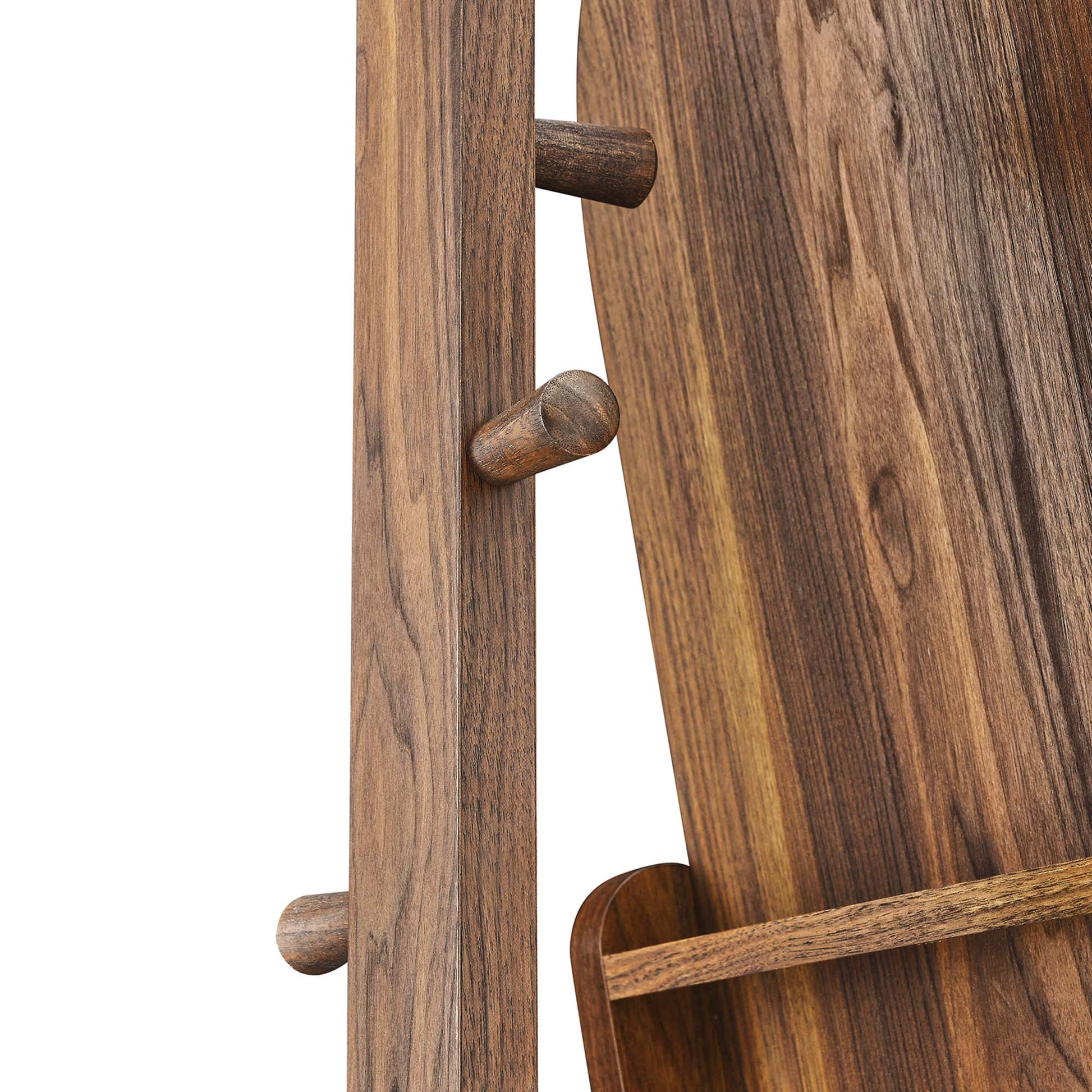 Walnut wood standing mirror with rectangular frame.