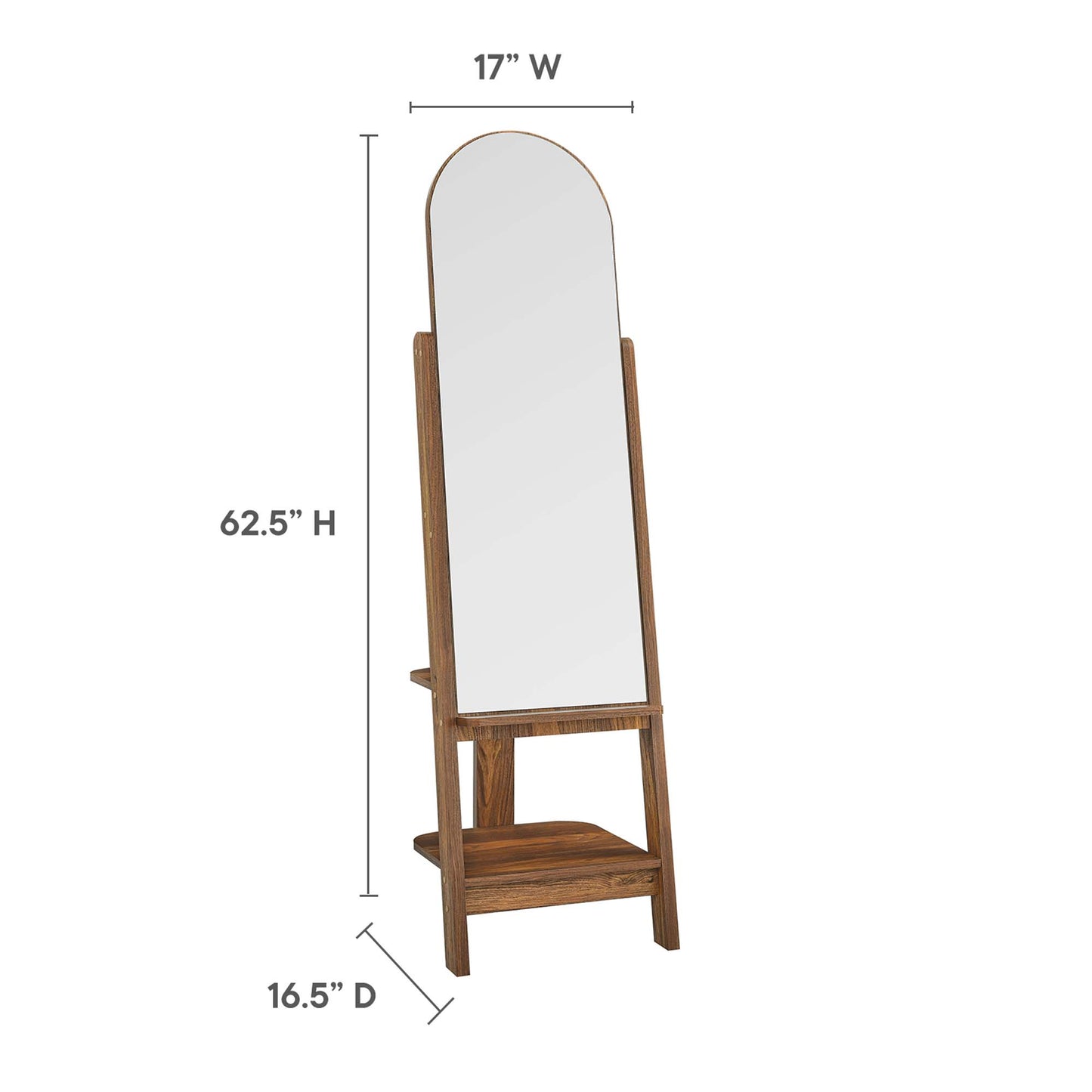 Walnut-finish freestanding full-length mirror with arched top, wood frame, side rails, and lower shelf.