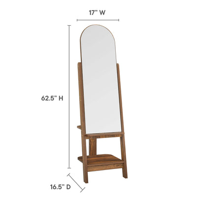 Walnut-finish freestanding full-length mirror with arched top, wood frame, side rails, and lower shelf.