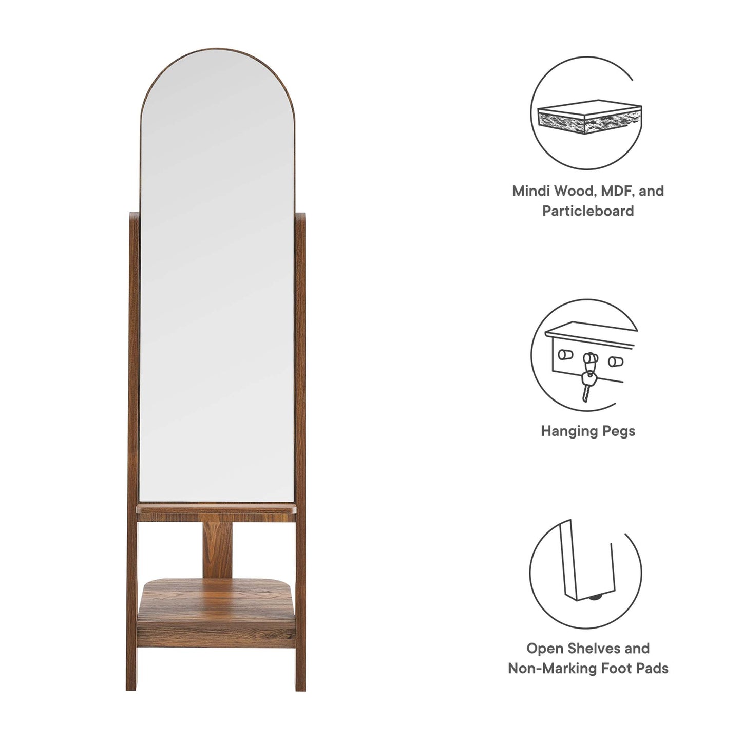Walnut-finish freestanding full-length arched mirror with wooden frame and lower shelf.