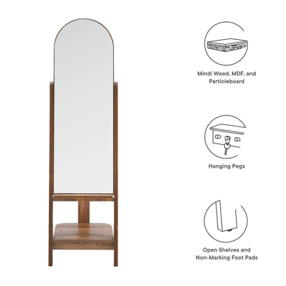 Walnut-finish freestanding full-length arched mirror with wooden frame and lower shelf.