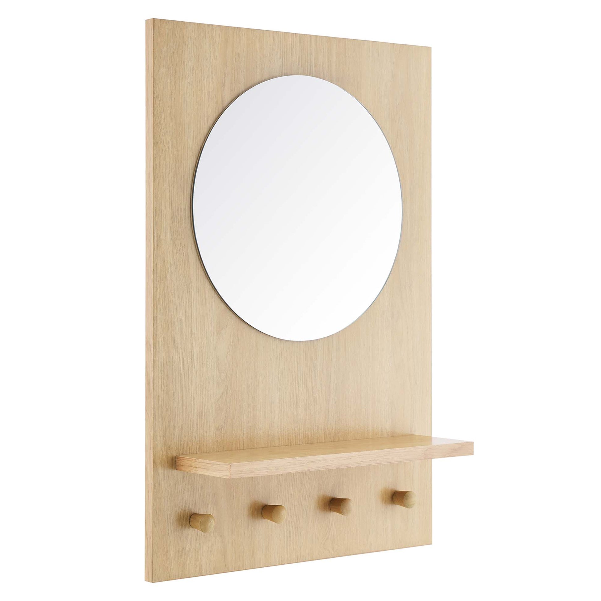 Natural oak wood wall panel with a round mirror, a small shelf, and four pegs for coats.