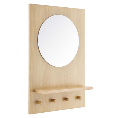 Natural oak wood wall panel with a round mirror, a small shelf, and four pegs for coats.