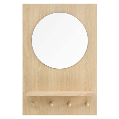 Natural oak wall mirror with a round glass face.