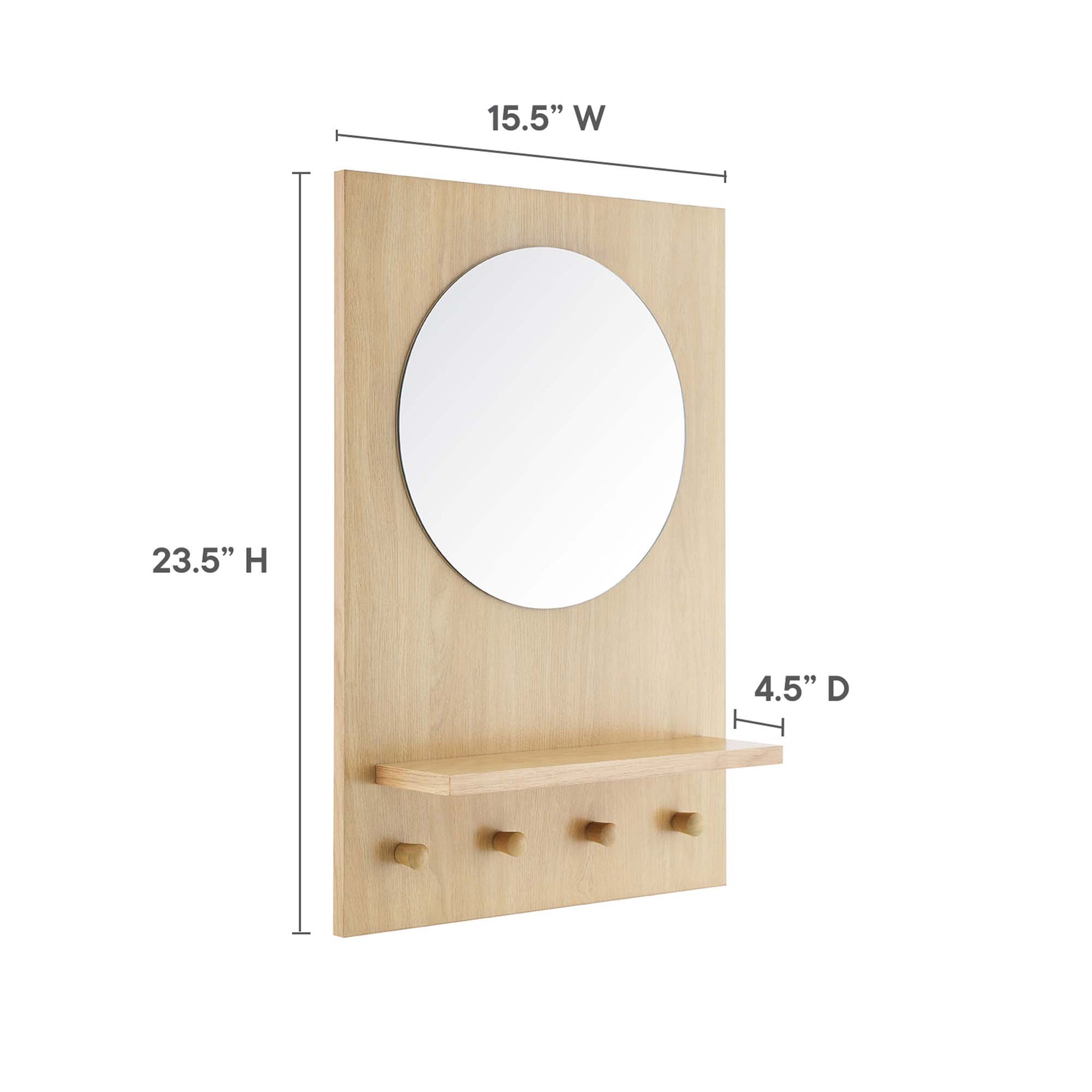 Oak wall panel with round mirror, small shelf and peg hooks beneath for entryway storage.