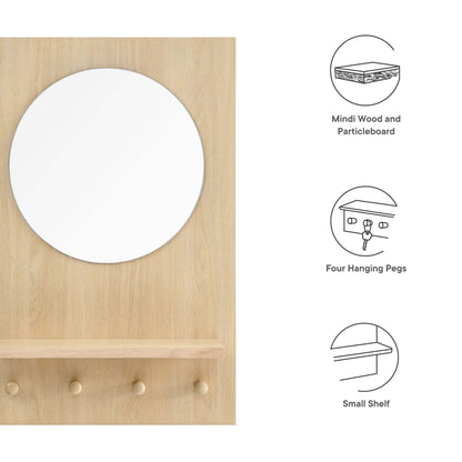 Oak wood wall panel with a circular mirror, small shelf, and four hanging pegs.
