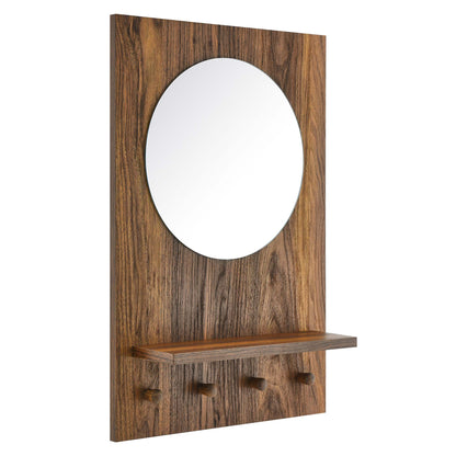 Walnut wood wall panel with round mirror, small shelf & four coat hooks.