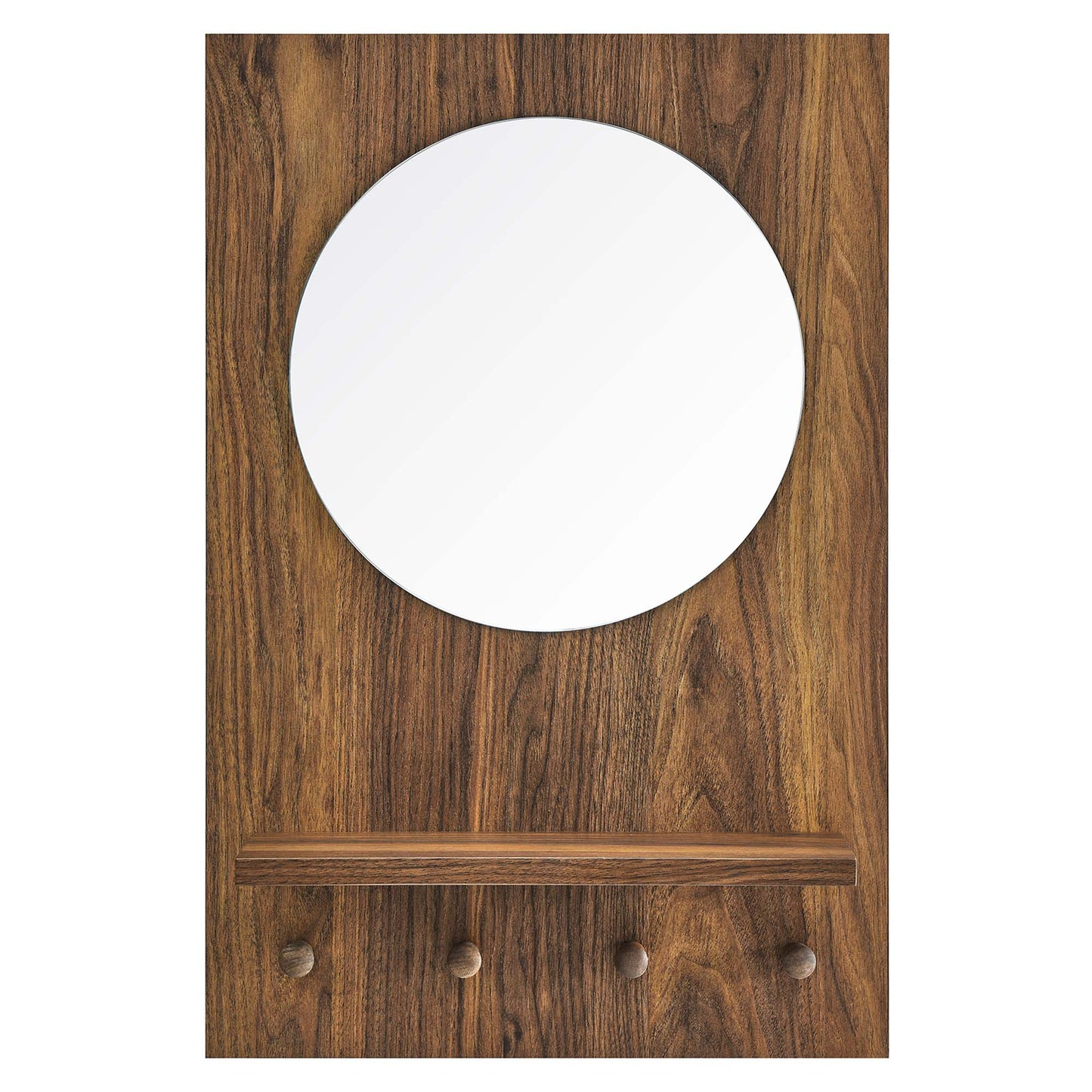Walnut wood wall panel with round mirror, five coat hooks & a small shelf.