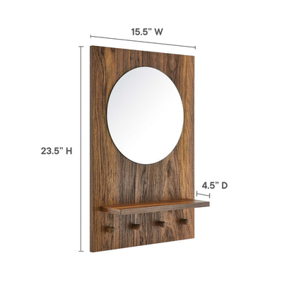 Walnut wood wall mirror with a slim floating shelf and four hooks for entryway use.