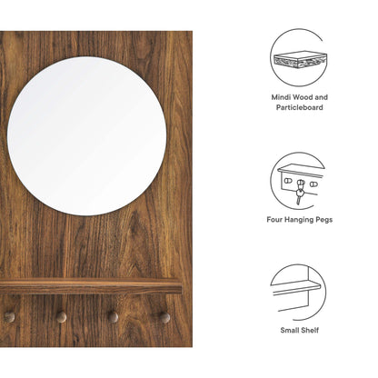 Walnut-finish Mindi wood & particleboard round wall mirror with small shelf & 4 pegs.