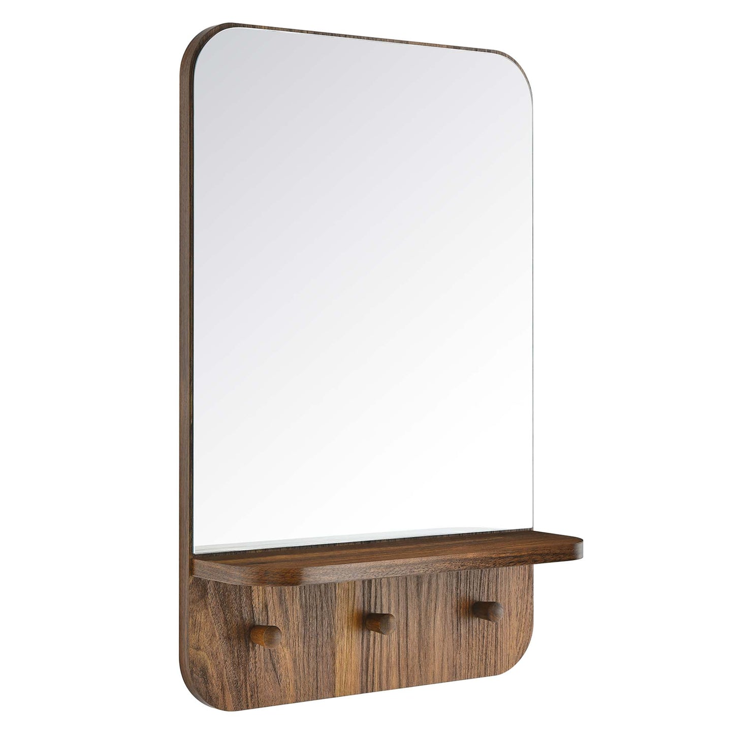 Walnut wood framed vertical mirror with rounded corners, small shelf, and three coat hooks.